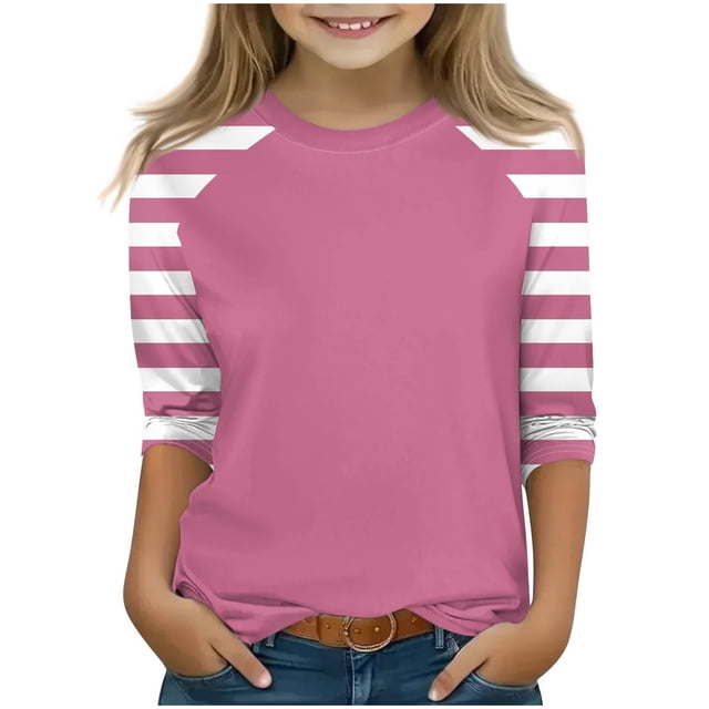 SERTG T-Shirt Mode Enfant Col Rond Manches 3/4 Imprimé Col Rond pour Été et Printemps 4-15 Ans (Violet4,11 Ans)