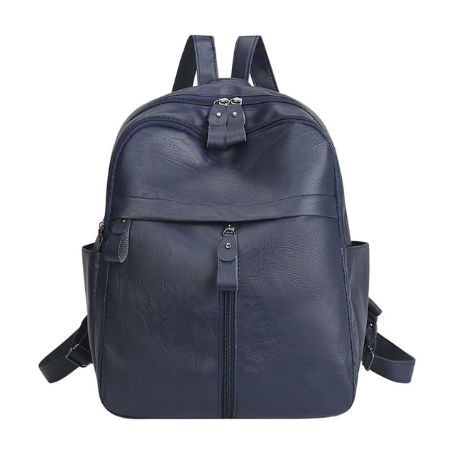 Blue Leather Backpack, Durable Material With Multiple Compartments, Adjustable Straps, For School, Work, And Travel