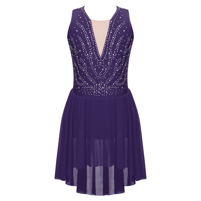 Nyeemya Robe de Patinage Artistique pour Filles avec Strass, Sans Manches, Gymnastique, Asymétrique, Compétition, Tenue de Danse, Violet 14