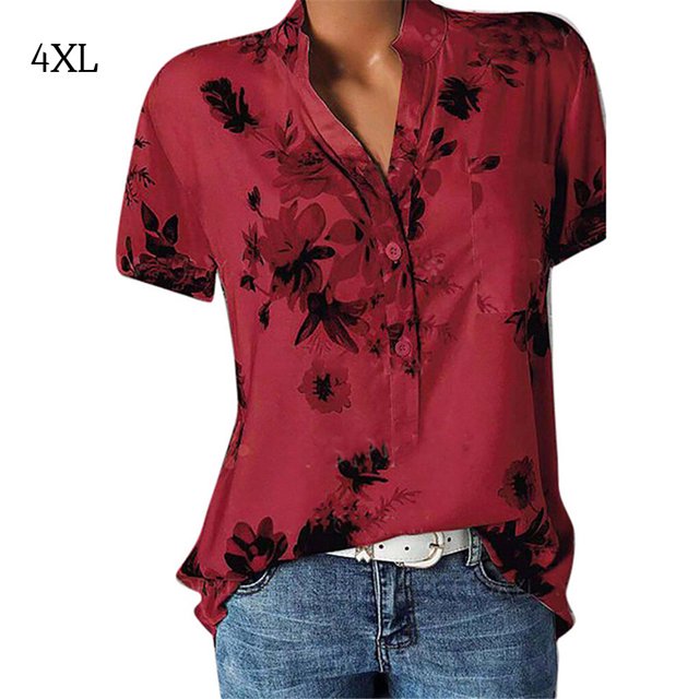 Chemise Femme à Imprimé Floral, Chemise Décontractée, Blouse à Col en V, Haut à Manches Courtes, Rouge, 4TG