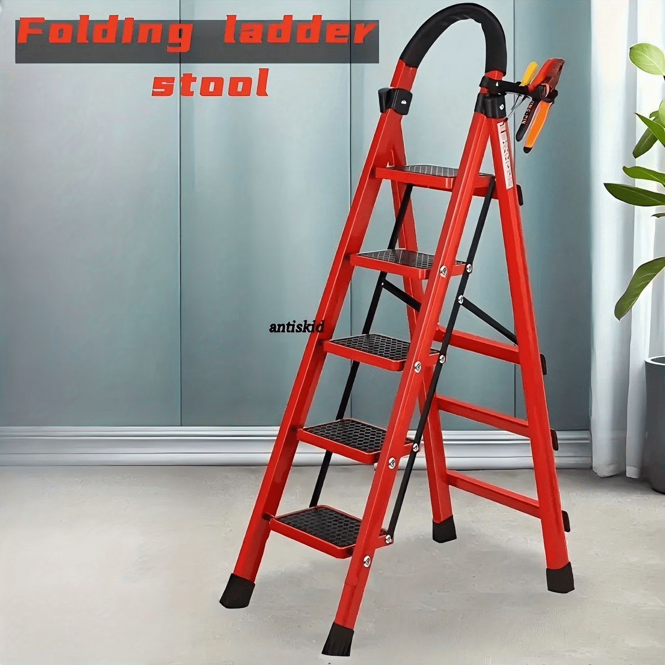 Heavy-duty 5-step portable folding ladder, supports 500 pounds, durable plastic folding ladder with non-slip steps, lightweight and easy to carry