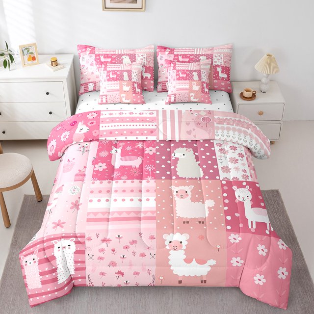 YST Ensemble de Douillette Cartoon Alpaca, Patchwork Kawaii d'Animaux à Carreaux, Polyester, Format Simple (7 Pcs)