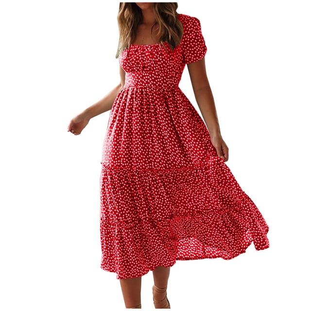 RKSTN Robes pour Femmes 2023 Robe d'Été Courte à Motif Floral avec Pois Rouges, Encolure Carrée, Manches Courtes et Volants à Étages. Fabriquée en polyester Léger, Cette Robe Bohème Évasée Longueur Mi-Mollet Idéale pour les occasions Décontractées, les Fêtes Ou les Vacances. la Robe Est Conçue pour un Style Décontracté et Féminin et Convient pour l'Été et le Printemps.