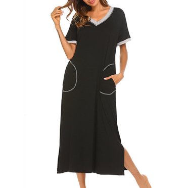 Innerwin Pyjama Couleur Unie Robe de Nuit pour Femme Chemise de Nuit Col en V Nuisette Confortable Noir G