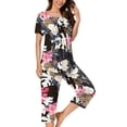 thumbnail image 1 of FAFWYP Ensembles de Pyjama 2 Pcs pour Femmes, Ensembles de Pyjama à Imprimé Floral, Tenue de Nuit Douce, Hauts à Manches Courtes à Col Ras du Cou et Pantalons Capri, Ensembles de Détente, P-3TG, 1 of 5