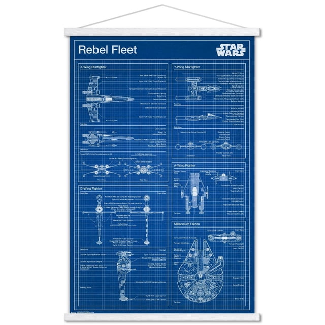 Star Wars : Saga - Affiche Murale de Plan Rebelle, 22,375 Pouces x 34 Pouces Présentant des Plans Techniques Détaillés de Navires de la Flotte Rebelle Incluant Chasseur Stellaire X-Wing, Chasseur Stellaire Y-Wing, Chasseur A-Wing, Chasseur B-Wing et Millennium Falcon avec Pièces Étiquetées et Multiples Vues sur un Fond à Grille Bleue, Convient comme art Mural et Déco de Chambre pour les Passionnés de Star Wars.