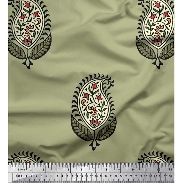 Soimoi Polyester Crepe Fabric Leaves & Paisley Block Print Fabric by The Yard 52 Inch Wide