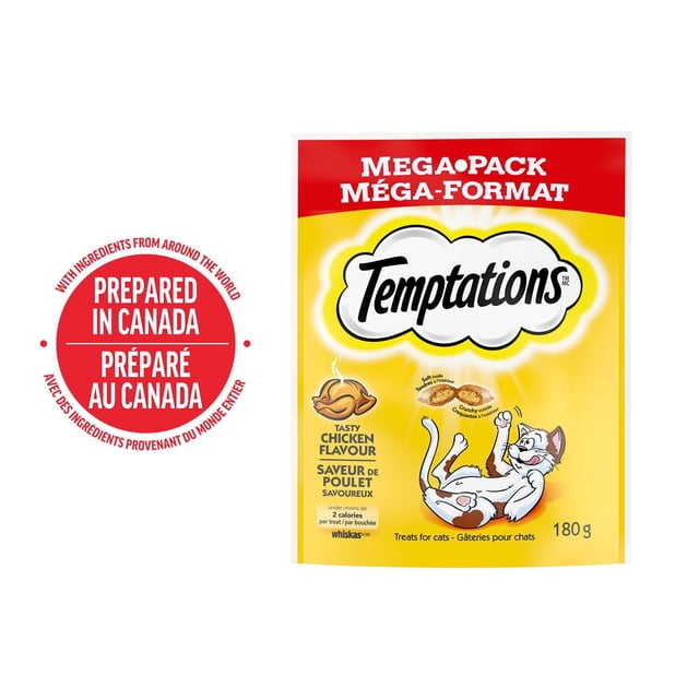 TEMPTATIONS Gâteries pour Chats, Saveur de Poulet Savoureuse, Pochette Méga-Emballage de 180 g avec Emballage Jaune et Rouge Présentant une illustration Ludique de Chat Blanc, Gâteries Croquantes pour l'Extérieur et Douces pour l'Intérieur, Préparées au Canada avec des Ingrédients du Monde Entier, Convenant aux Récompenses Quotidiennes pour Chats.