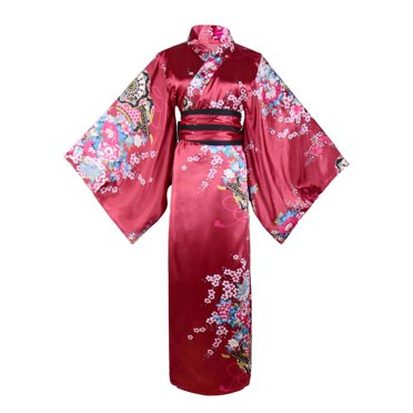 Costume de Kimono pour Femmes Adulte Geisha Yukata Japonais Robe de Chambre à Motif Floral Doux Peignoir en Satin avec Ceinture OBI (30 Longs Rouge Vin)