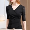 thumbnail image 2 of Wrap Tops for Women Ruched V Neck Slim Fitted Half Sleeve Business Casual Work T Shirts Blouse, 2 of 3