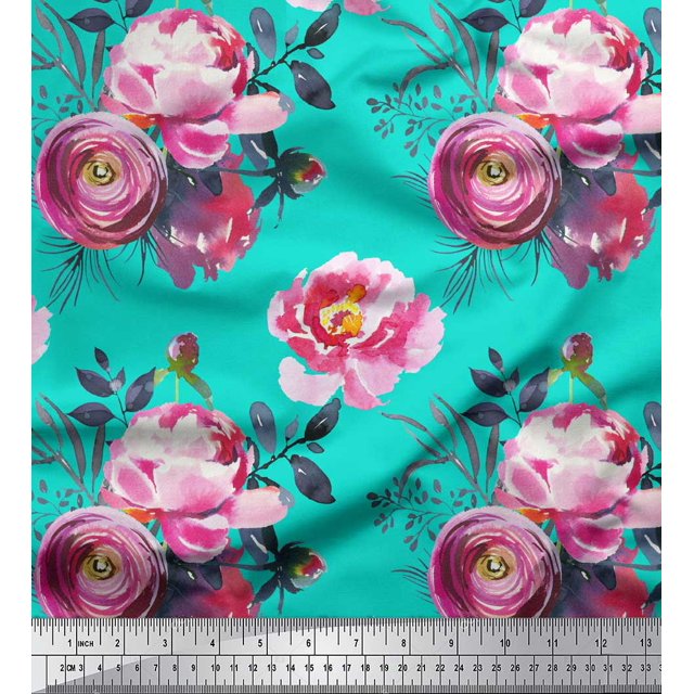 Soimoi Green Japan Crepe Satin Fabric Peony And Ranunculus Floral Decor Fabric Printed Yard 42 Inch Wide