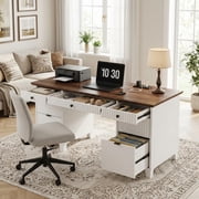 60 Inch Modern Fluted Executive Office Desk, Wooden Computer Writing Desk with Charging Station & File Drawers for Home Office