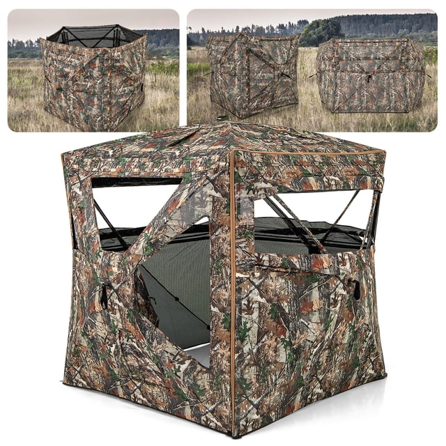 Gymax 3 in 1 Multifunctional Hunting Blind with a camouflage design, featuring a 5-panel enclosed fence for 360° viewing and ultimate concealment. Includes a see-through skylight with a removable roof cover, three adjustable windows, and a side door with double-sided zippers. Made from 150D Oxford fabric with PU coating and fiberglass poles for durability. Portable and foldable design with a carrying bag for easy transport. Dimensions: 58'' x 58'' x 65'' (L x W x H).