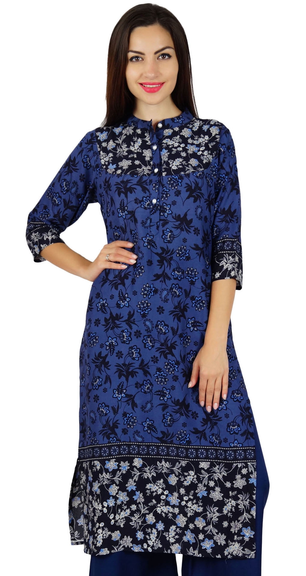 Bimba Kurta Kurti de Designer Bleu pour Femmes avec Poches Tunique Décontractée Col Mandarin Blouse Longue