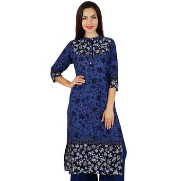 Bimba Women Blue Designer Kurta Kurti With Pockets Casual Tunic Mandarin Collar Long Blouse