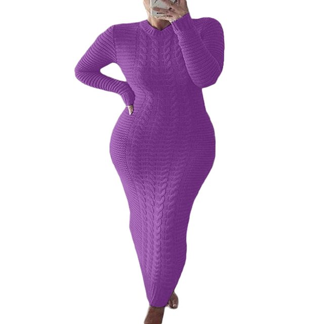 Robe Tricotée à Manches Longues pour Femmes Motif Crochet Unie Côtelée Robe Décontractée