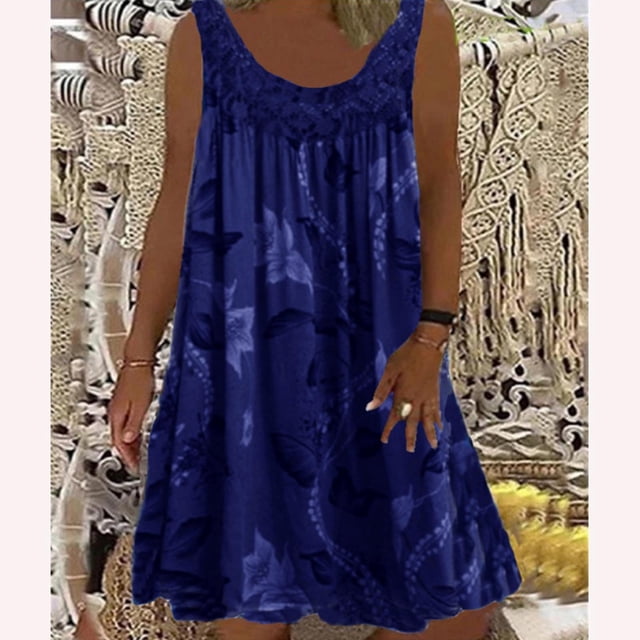 SMihono Robe Bohème d'Été pour Femmes Grande Taille Robe Sans Manches Ample Imprimée à Col Rond en Dentelle Patchwork pour Femmes Printemps/été