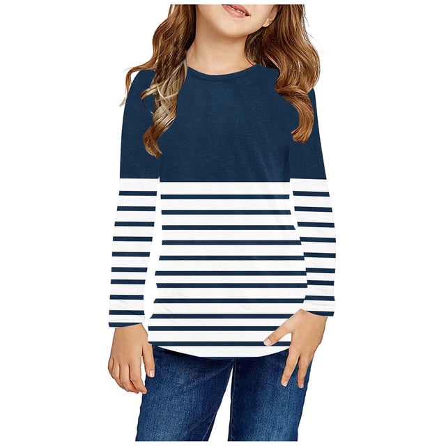 RXIRUCGD Chemises à Manches Longues pour Filles, Col Rond Mignon, Blouses Décontractées Élégantes, Bleu, Taille : 11 Ans