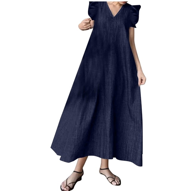Tumotour Robe en Denim pour Femmes Été à Volants Sans Manches à Col en V Robe Longue en Jean Bleue Décontractée Ample Robe Maxi en Jean 2025