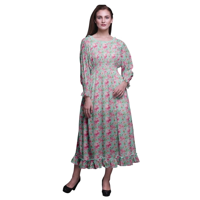 Bimba Robe Maxi à Volants pour Femmes, Florale, Manches Bishop, Col Rond, Taille Smockée - X-Grand