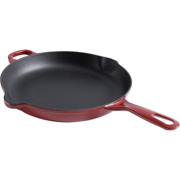 Chuck Hughes Poêle à Frire Ronde en Fonte 26 cm – Poêle Pré-Assaisonnée avec Poignée d'Assistance, Poêle de Cuisson Robuste pour l'Intérieur et l'Extérieur pour Viandes, Légumes et Plats de Déjeuner (Rouge Cardinal)