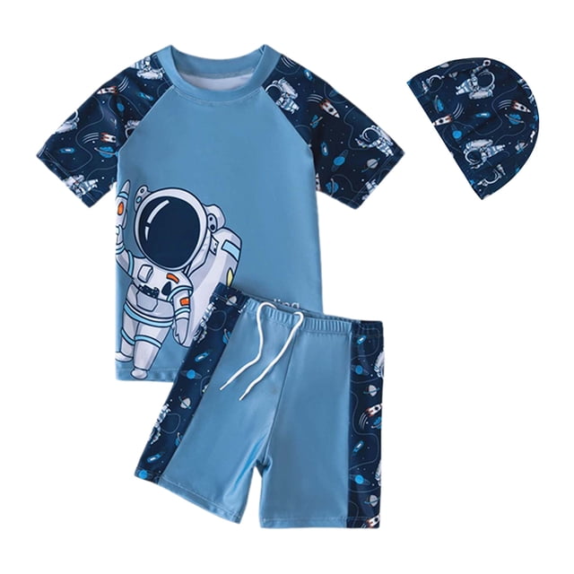 MIASHUI Boys Two Piece Rash Guard Swimsuits Kids Short Sleeve Bathing Suit with Sun Hat,Navy,2-3 Years