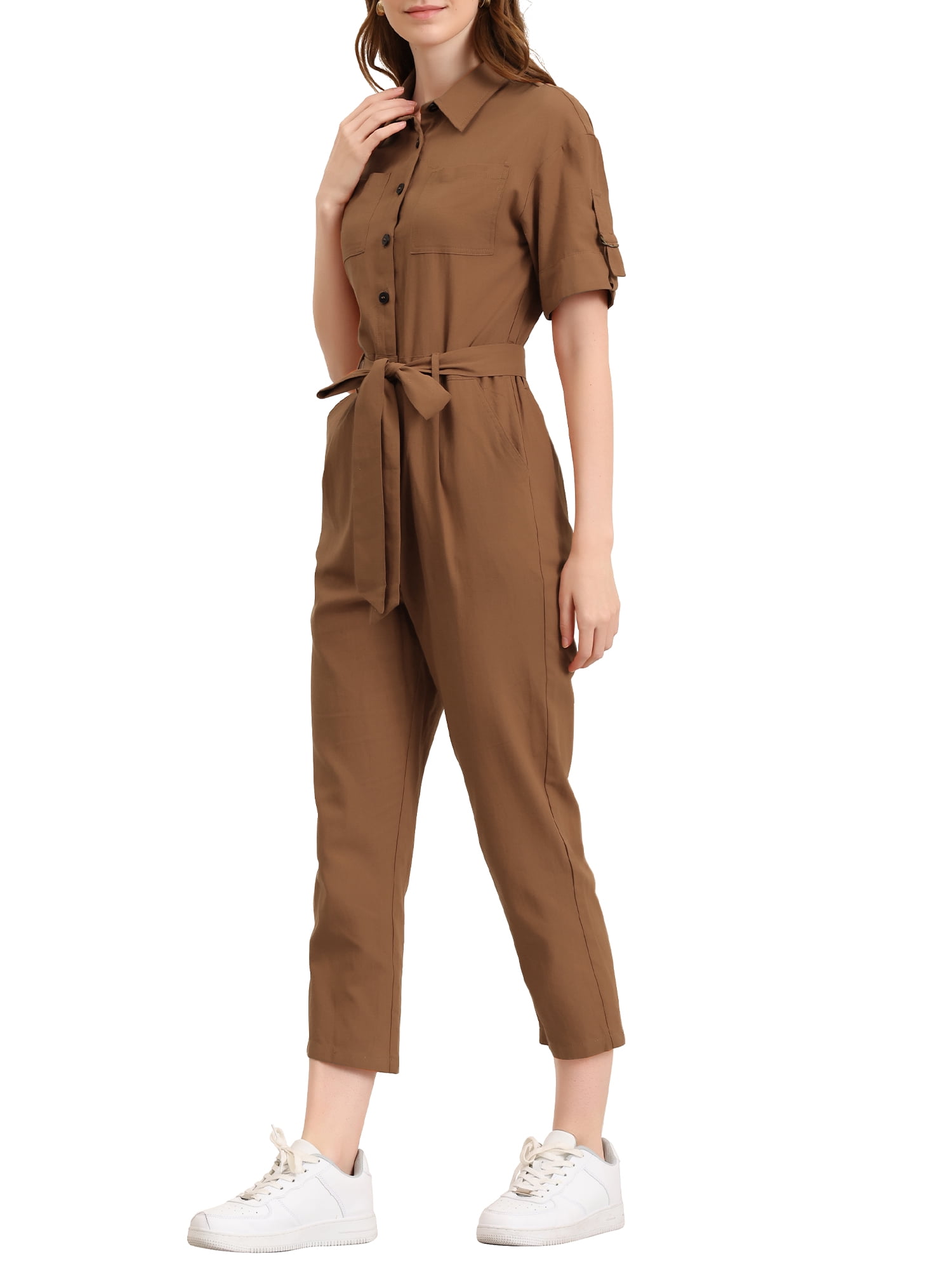 Unique Bargains Women's Button Up Jumpsuit, Brown, S