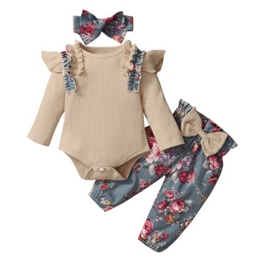 infant Baby Girls Clothes Sweatsuits for Teen Girls Long Sleeve Ruffles Romper Teen Girl Outfits Bodysuit Floral Print Pants Easter Outfit 4T Headbands Outfits Sets