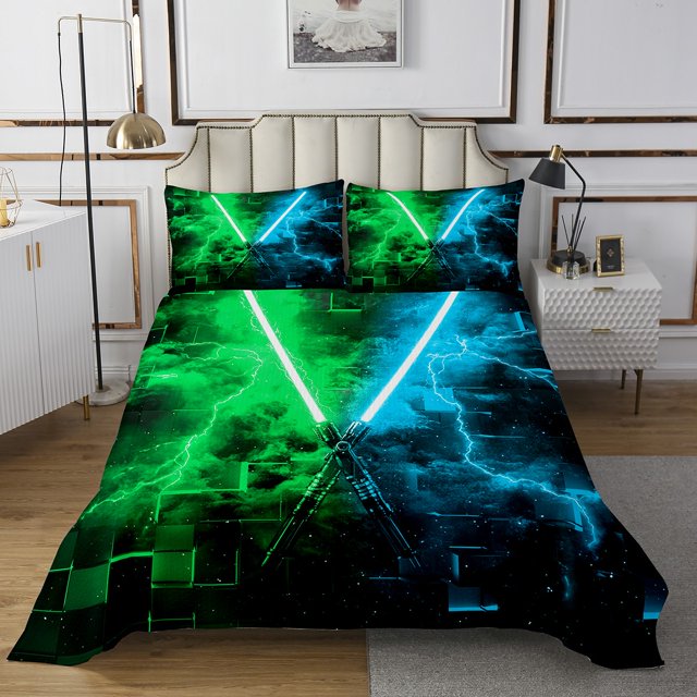 Erosebridal Teens Lightsaber Coverlet Set King, Square Geometry Bedding Set, Blue Green 3 Pieces