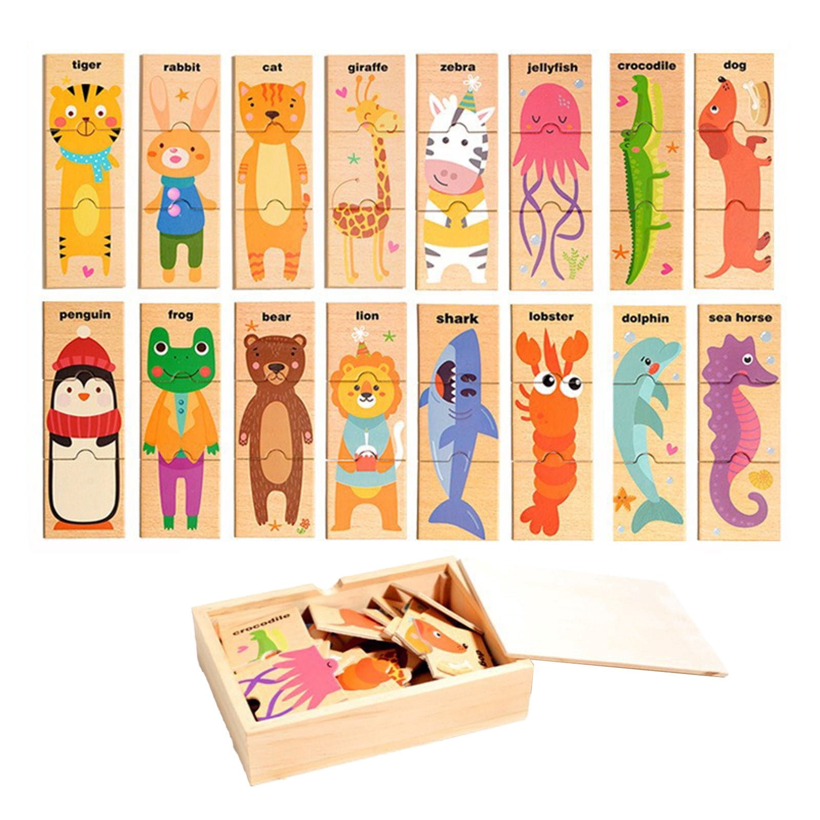 Qocolhg Baby Toys for Toddlers 1-3 4-6 7-12 Year Olds, Wooden Box Animals Pairing Puzzle Enlightenment Early Education English Vocabulary Three Piece Puzzle Toy, Kids Christmas Stocking Stuffers