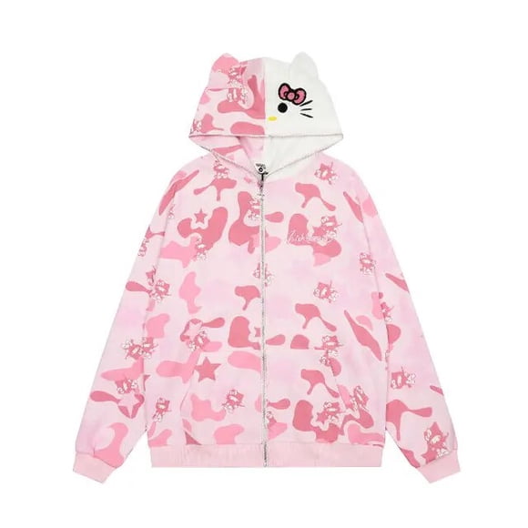New 2023 Sanrio Hello Kitty Full Print Hooded Sweatshirt Autumn and Winter Cartoon Anime Zip Cardigan Jacket Sweet Campus Gifts