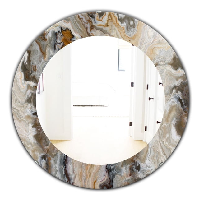 Round mid-century wall mirror featuring an onyx detail composition frame with swirling gray, brown, and beige tones reflecting a bright white room.