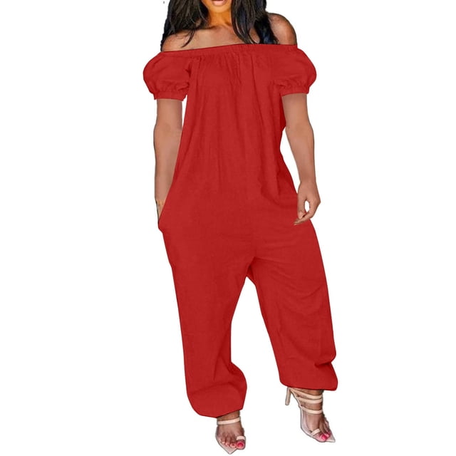 Birdeem Womens Solid Color off Shoulder Short Sleeved Loose Fitting Jumpsuit