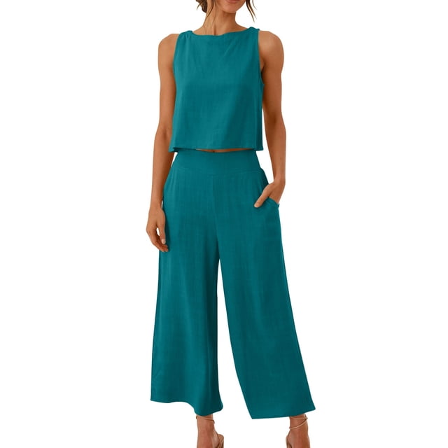 RKSTN Two Piece Set for Woman Round Neck Solid Color Sleeveless Blouse and Loose Pockets Pants Summer Outfits