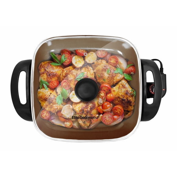 Elite Gourmet EG3033 Poêle Électrique en Céramique Saine 12"x12"x2.35 avec Revêtement en Titane, Résistante aux Rayures, Va au Lave-Vaisselle, Chauffe Rapide, 1200 W, Gris Foncé, 6 Pintes