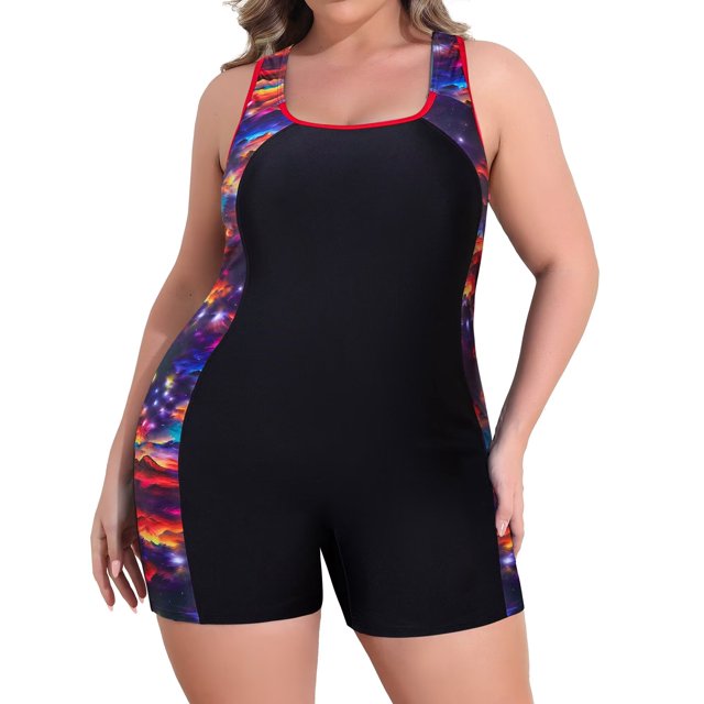 Charmo Women's Plus Size Athletic One Piece Swimsuit with Shorts Boyleg Modest Full Coverage Sport Bathing Suit. This swimsuit features a black body with vibrant multicoloured galaxy-patterned side panels and red trim along the neckline and straps. Designed with a boyleg cut for full coverage and a racerback style for added support and mobility. Made from a stretchy blend of 82% nylon and 18% spandex, it offers a quick-drying and breathable fit. Ideal for swimming, surfing, or other water activities.