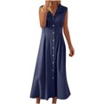 thumbnail image 1 of Amzcrzy Robes pour Femmes Couleur Unie Sans Manches Robes de Printemps Col en V à Boutons Robe d'Été Confortable Robe en Coton et Lin Tendance Col Rabattu Robes Maxi, 1 of 6