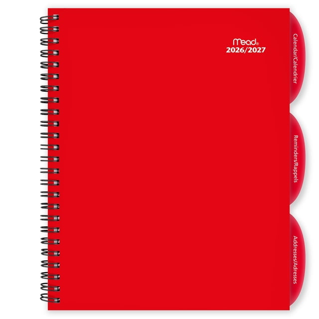 2027 Mead® Large Weekly and Monthly Poly Cover Planner with a bright red durable poly cover and twin wire binding, featuring three poly tabbed sections labeled Calendar, Reminders, and Addresses, spanning 18 months from July 2026 to December 2027, ideal for organizing schedules and notes.