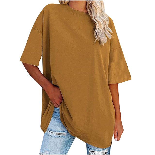 Plebaso T-Shirts Surdimensionnés pour Femmes 2025 Manches Courtes Hauts Amples Col Rond Décontracté Uni T-Shirts Basiques pour Femmes