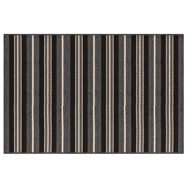 4x6' Discovery Grey Vinyl-backed Floormat with vertical grey, black, and beige stripes, tufted from stain-resistant polypropylene yarns and backed with heavy vinyl for slip resistance, designed for high-traffic indoor areas such as entryways and mudrooms, and often used as a protective mat under pet feeding stations.