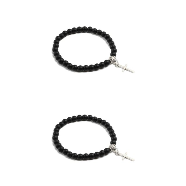 Wweixi Stylish And Versatile Beaded Bracelet With Cross Pendant Wide Application Cross Pendant Bracelets black 2Set