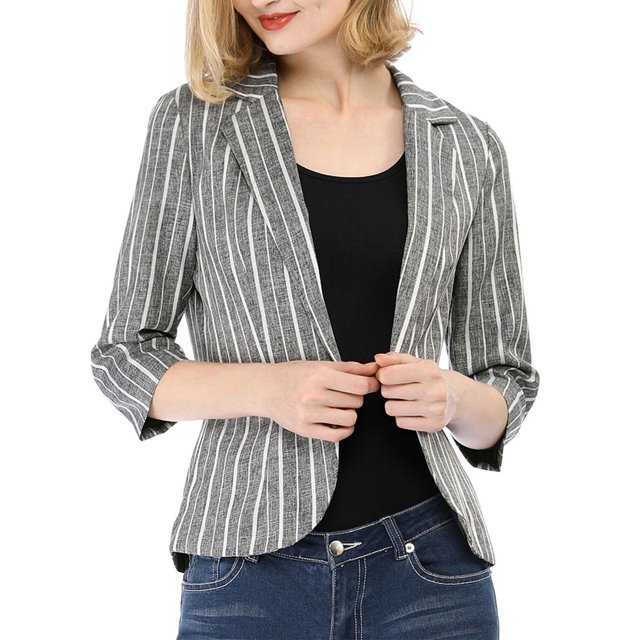INSPIRE CHIC Blazer à Rayures pour Femme Manches 3/4 Décontracté Ouvert à l'Avant Revers Cranté Blazer L Gris Foncé