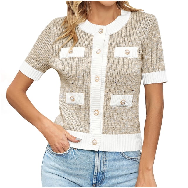 JGGSPWM Womens Short Sleeve Button Down Cardigans Sweater Cropped Lightweight Crew Neck Elegant Knit Tops with Pockets Beige M