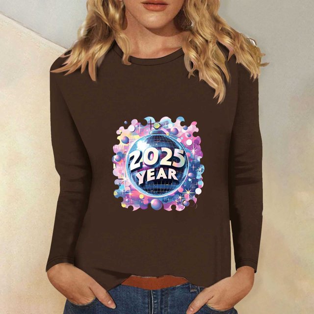Styesk Chemises à Manches Longues pour Femmes Nouvel An T-shirt Décontracté Imprimé Col Rond Manches Longues