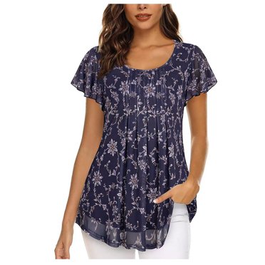 drppepioner Mode Femme Manches Courtes Col Rond Rétro Imprimé Hauts Amples Blouse