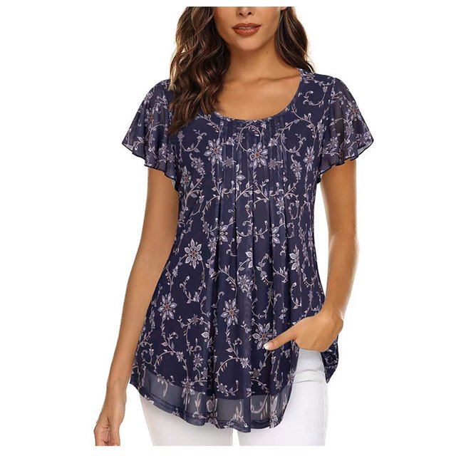 drppepioner Mode Femme Manches Courtes Col Rond Rétro Imprimé Hauts Amples Blouse