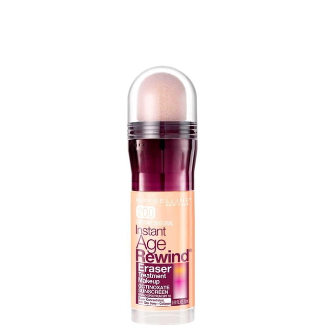 Maybelline New York Age Rewind Eraser Treatment Makeup 20 ml in shade 200 Creamy Natural, a concealer with a sponge applicator and clear dome cap, containing octinoxate sunscreen SPF 18 and enriched with goji berry and collagen to reduce fine lines and wrinkles.