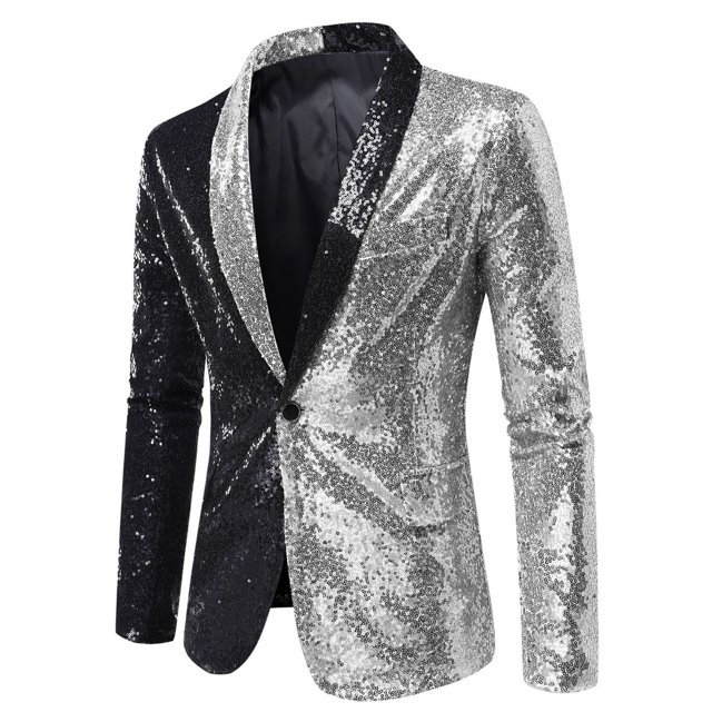 Penkiiy Blazer pour Hommes Costume à Paillettes Assorti en Couleur pour Hommes, Robe à un Bouton, Costume de Spectacle, Veste de Costume à Col à Revers à Manches Longues Manteau Blazer Blazer Argenté