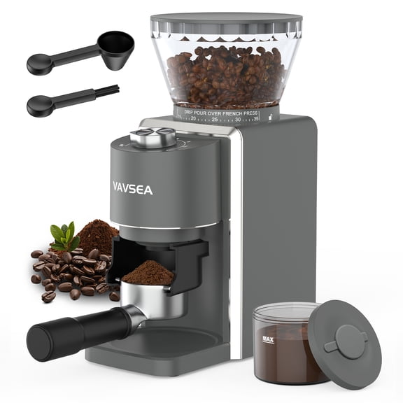 VAVSEA Moulin à Café à Meules 35 Réglages de Mouture, Cafetière 12 Tasses, Goutte à Goutte, pour-Over, Moulin à Café Électrique en Grains pour Espresso, Infusion à Froid, Presse Française, Moulin à Épices, Gris Mat