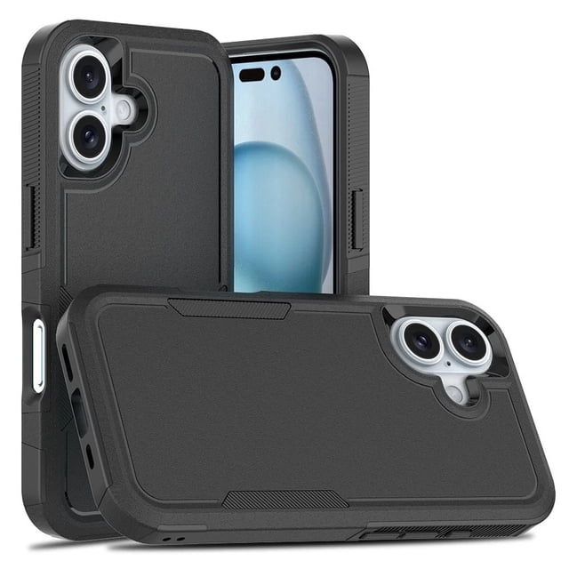 Étui Rigide PST iPhone 16 avec Double Couche d'Armure en Caoutchouc Robuste, Doté d'Une Étui Arrière en PC Solide et d'Un Pare-Chocs en TPU Souple pour une protection Intégrale. l'Étui Comprend 4 Coins Coussinés Antichute, des Bords Surélevés Autour de l'Écran et de la Caméra pour une protection Accrue, et des Découpes Précises pour un Accès Facile à Toutes les Fonctionnalités. Présenté dans une Finition Noire Élégante.